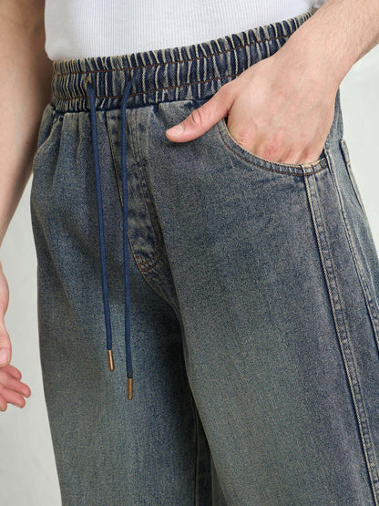 Men Blue Washed Knee Dart Wide Leg Jeans