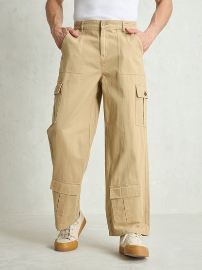 Men Beige Twill Utility Cargo Pockets Wide Leg Pants