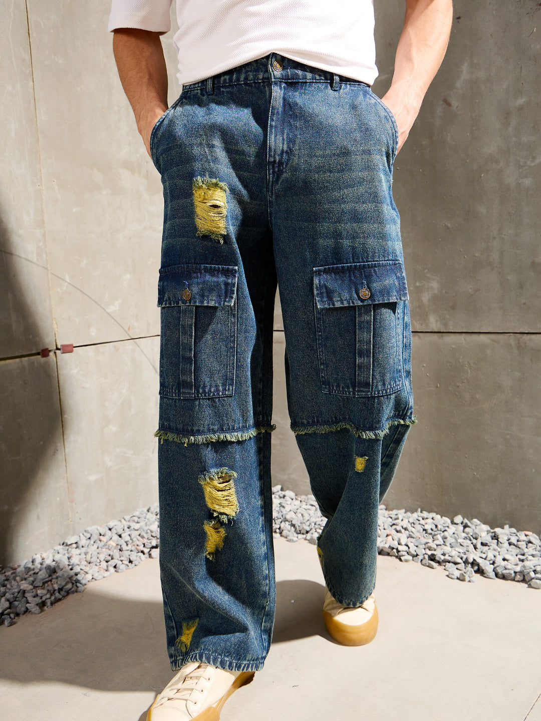 Men Blue Washed Distressed Wide Leg Jeans