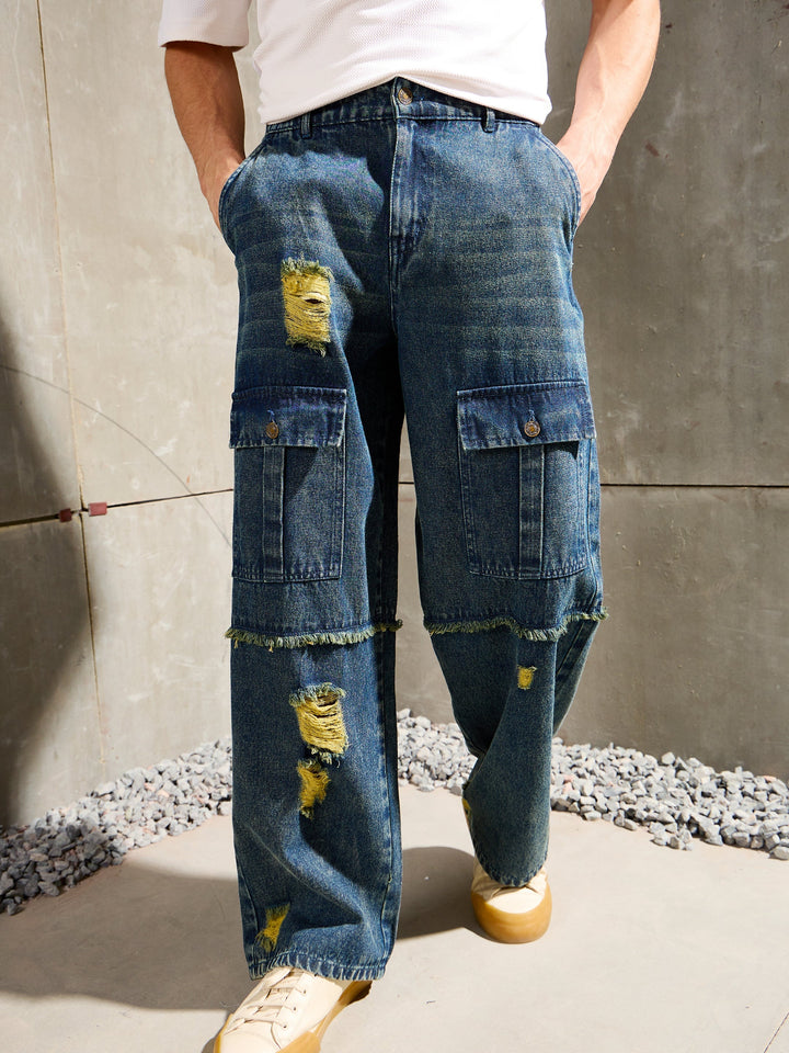 Men Blue Washed Distressed Wide Leg Jeans