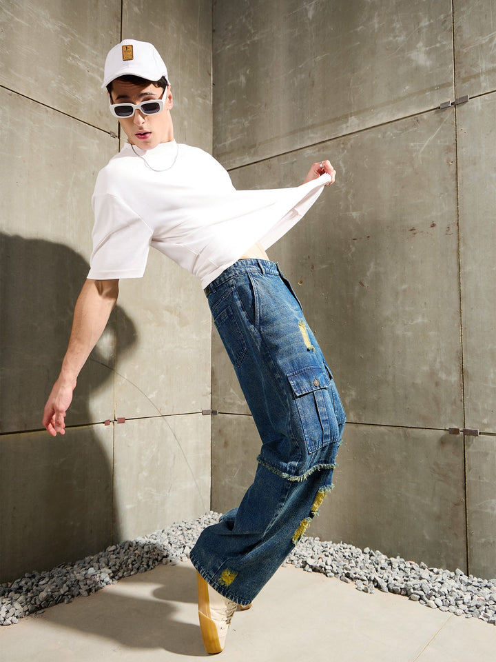 Men Blue Washed Distressed Wide Leg Jeans