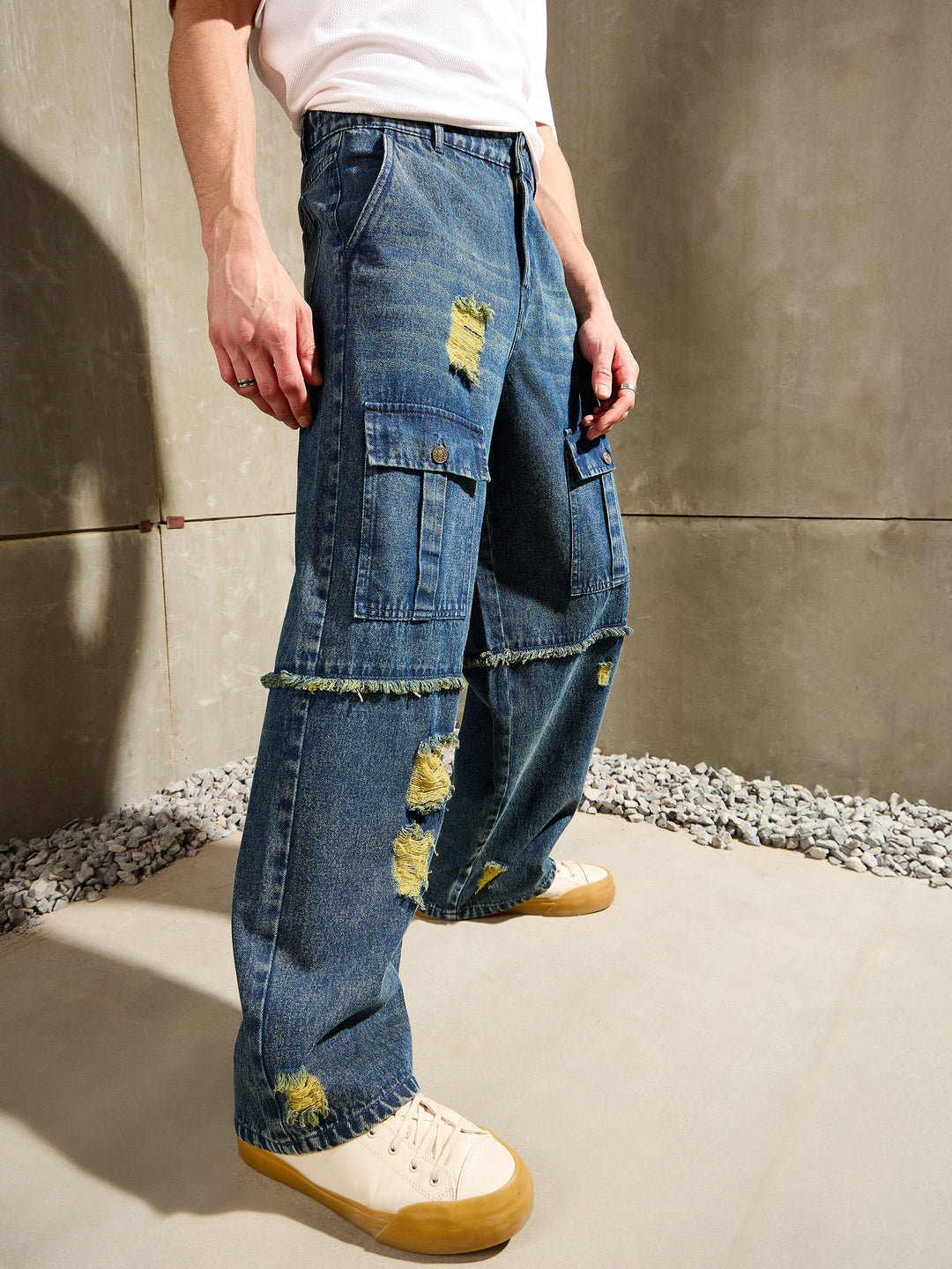 Men Blue Washed Distressed Wide Leg Jeans