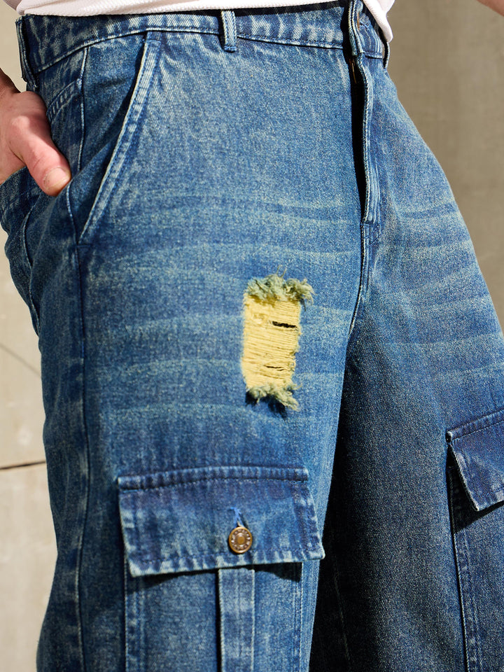 Men Blue Washed Distressed Wide Leg Jeans