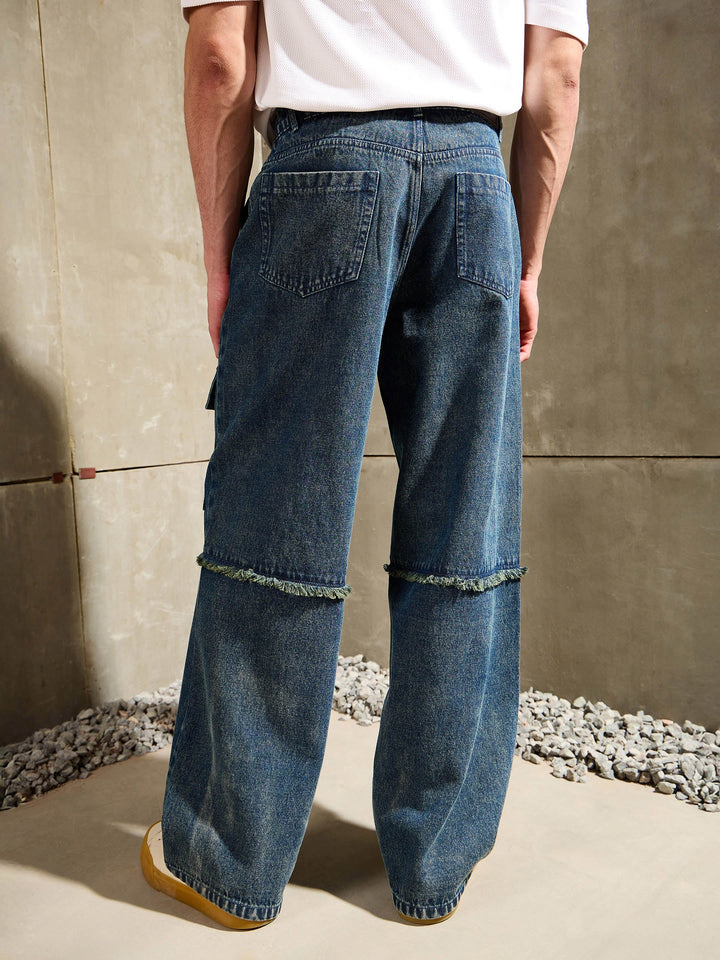 Men Blue Washed Distressed Wide Leg Jeans