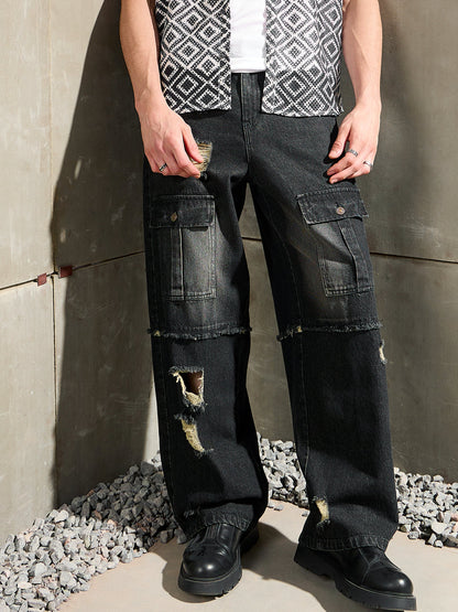 Men Black Washed Distressed Wide Leg Jeans