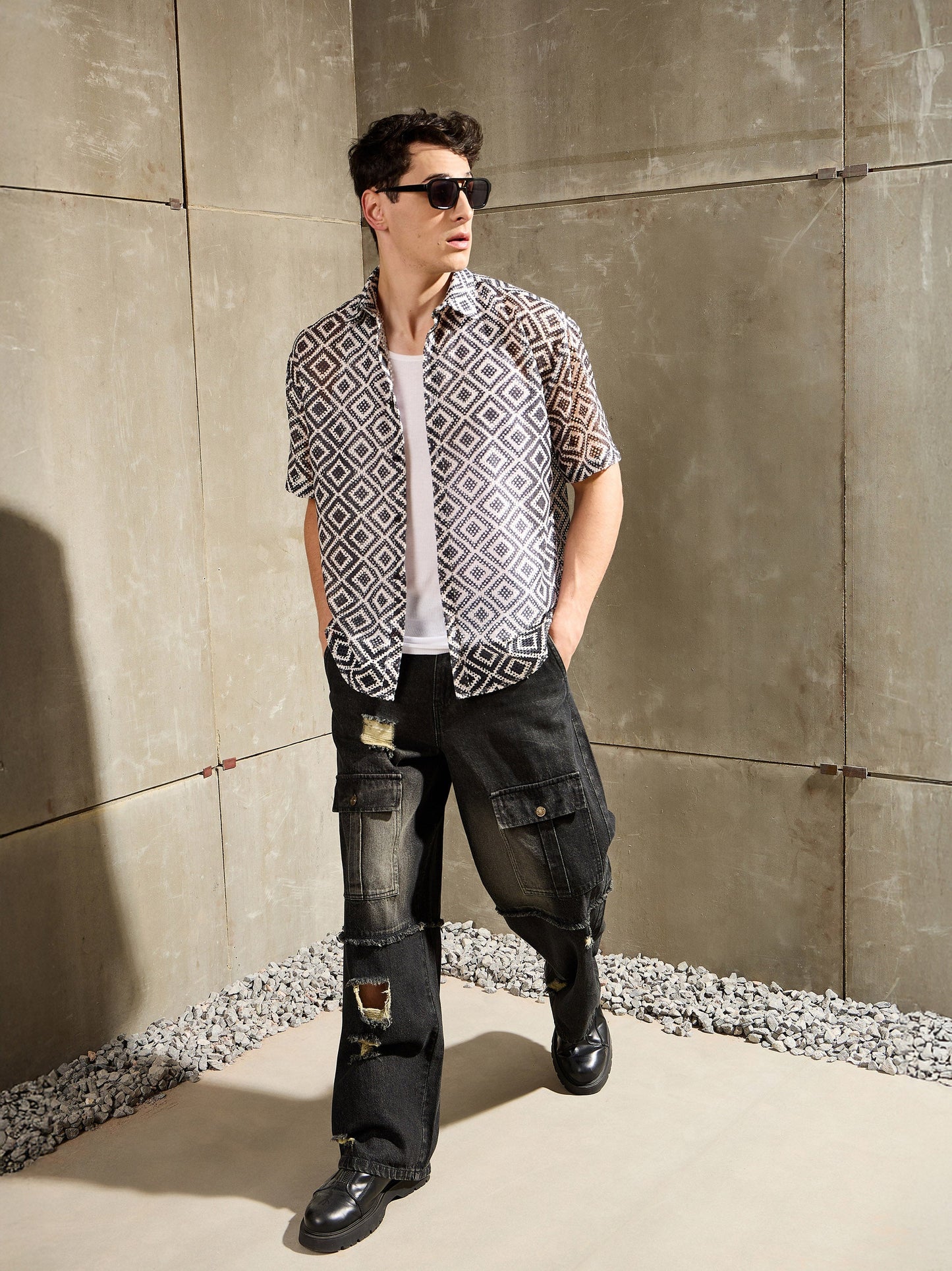 Men Black Washed Distressed Wide Leg Jeans