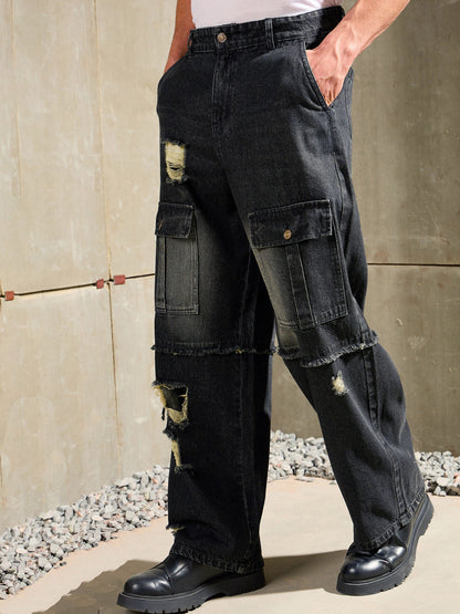 Men Black Washed Distressed Wide Leg Jeans
