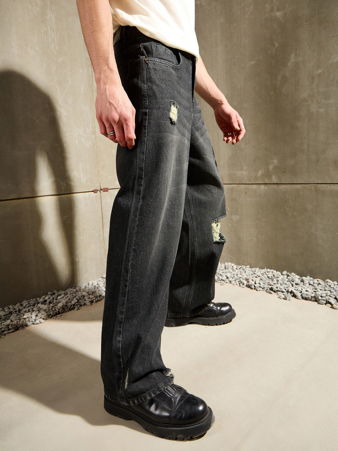Men Black Distressed Whisker Wash Wide Leg Jeans