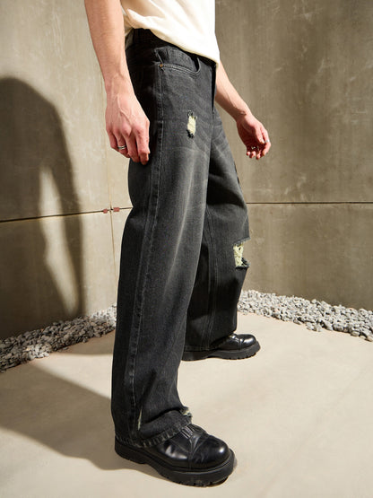 Men Black Distressed Whisker Wash Wide Leg Jeans