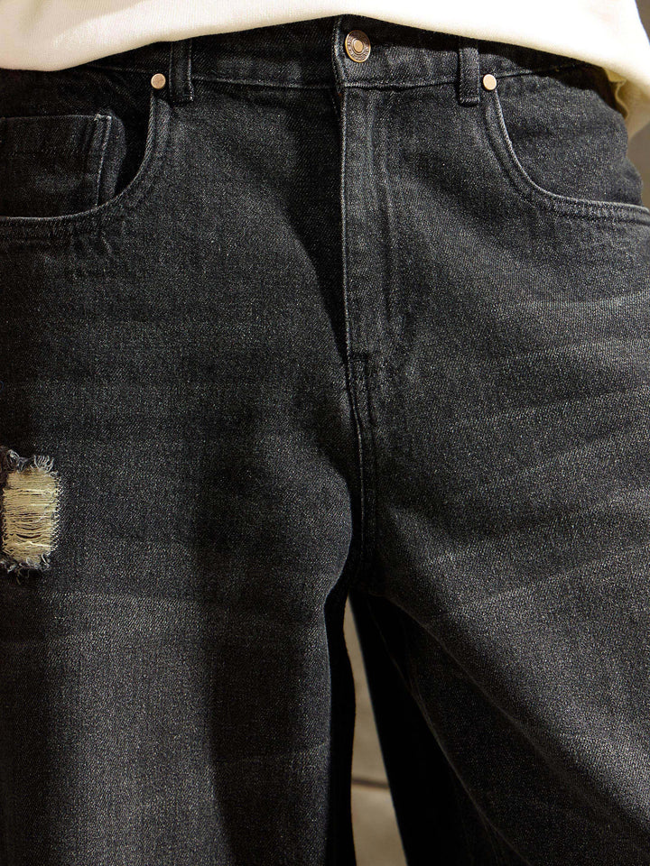 Men Black Distressed Whisker Wash Wide Leg Jeans