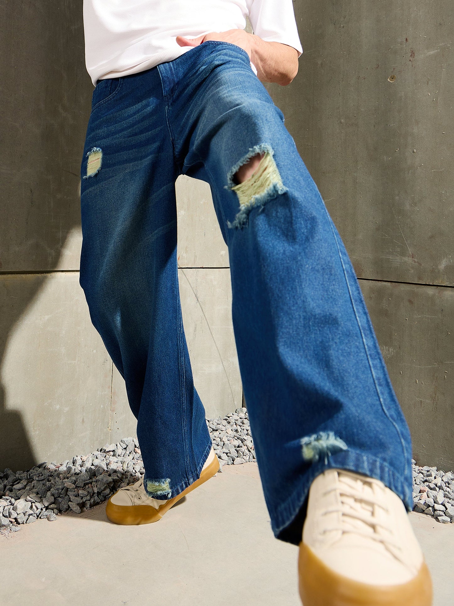 Men Blue Distressed Whisker Wash Wide Leg Jeans