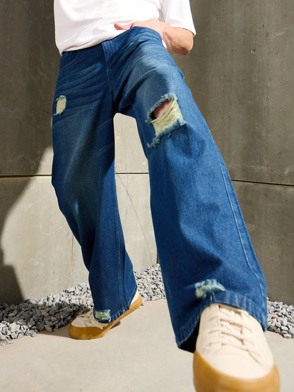 Men Blue Distressed Whisker Wash Wide Leg Jeans