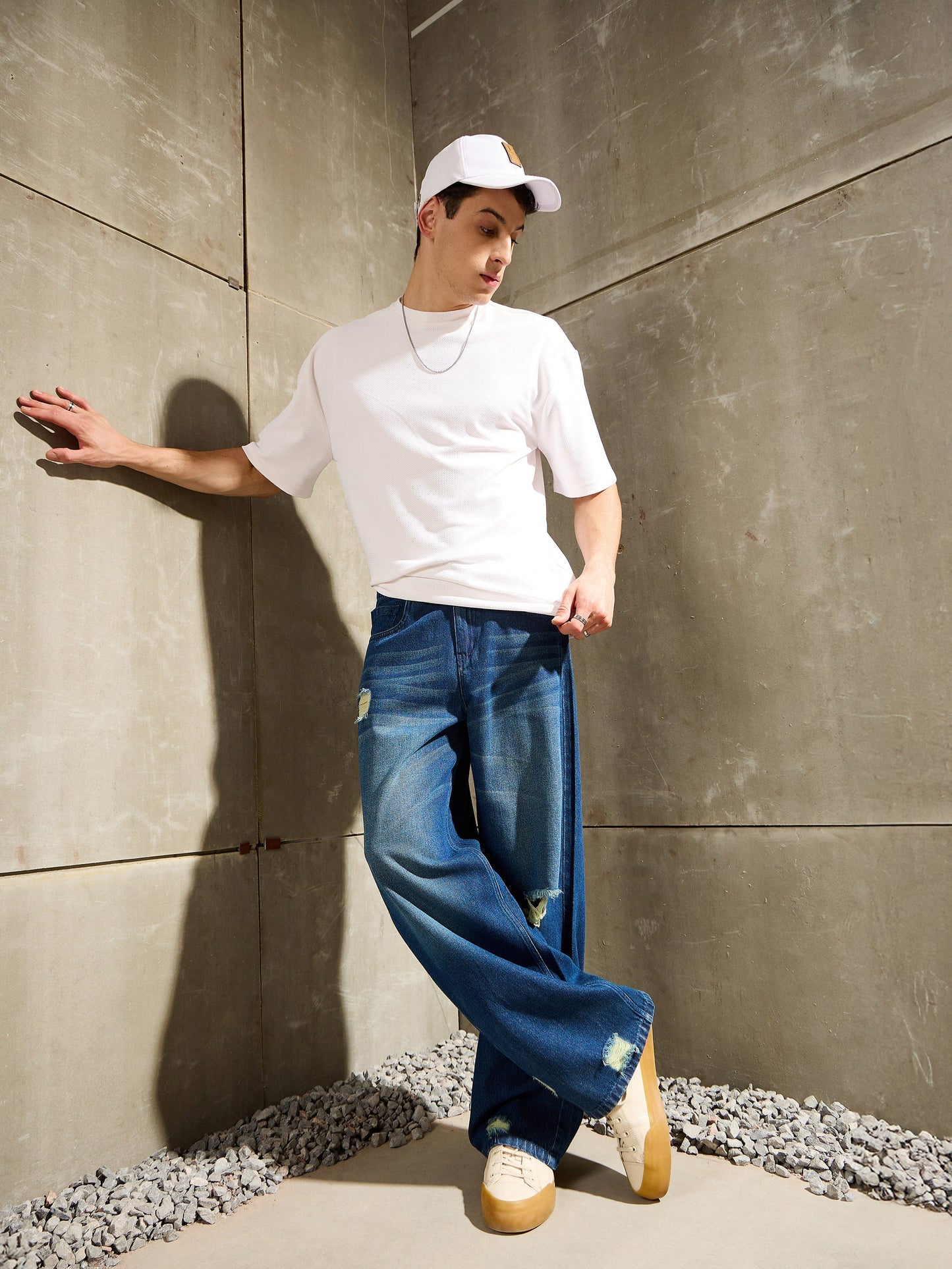 Men Blue Distressed Whisker Wash Wide Leg Jeans