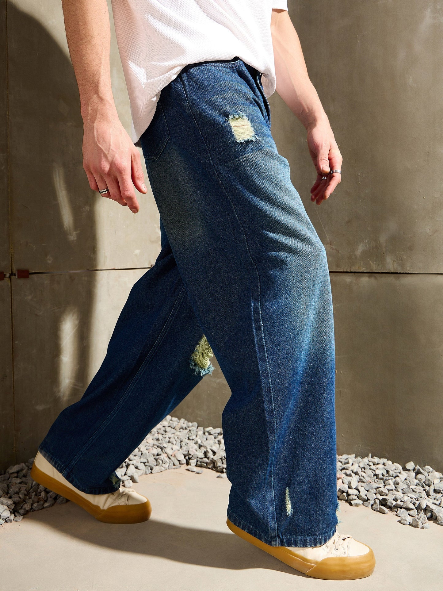 Men Blue Distressed Whisker Wash Wide Leg Jeans