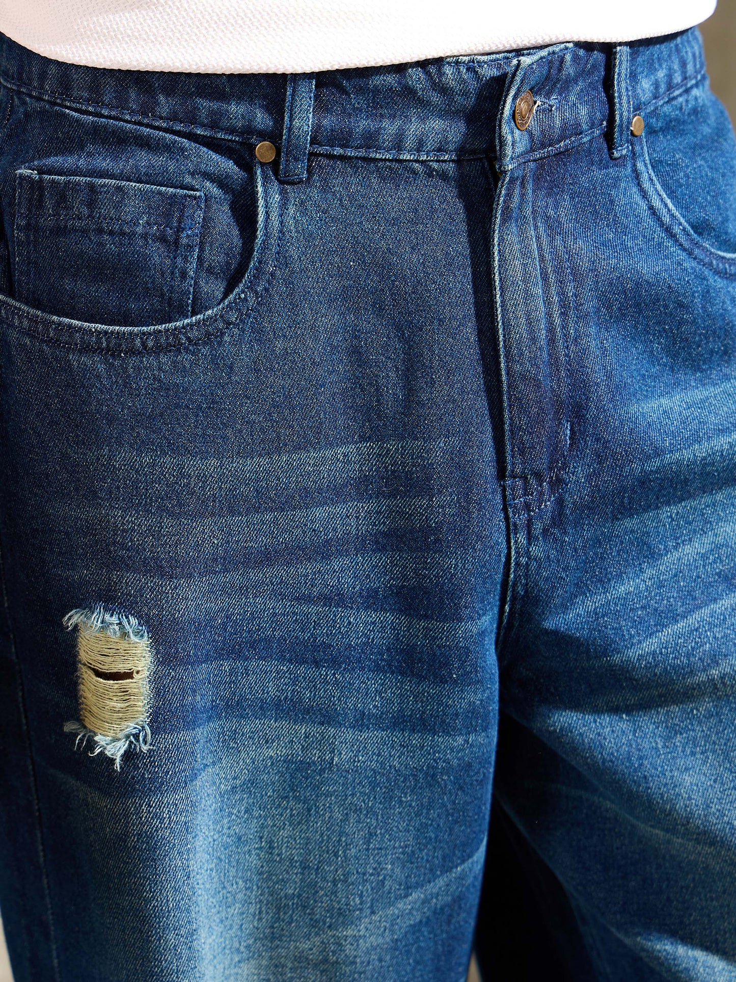 Men Blue Distressed Whisker Wash Wide Leg Jeans