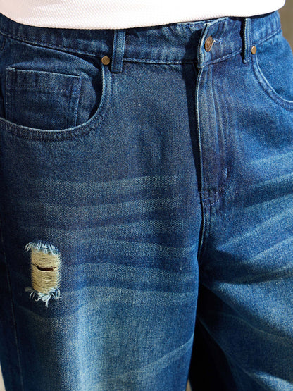 Men Blue Distressed Whisker Wash Wide Leg Jeans