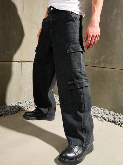 Men Black Wash Wide Leg Cargo Jeans