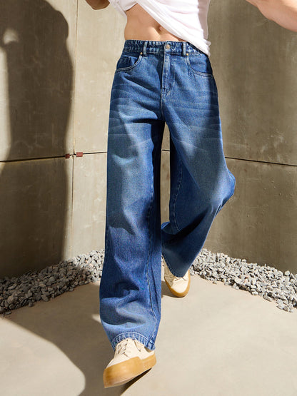 Men Navy Blue Whisker Wash Wide Leg Jeans