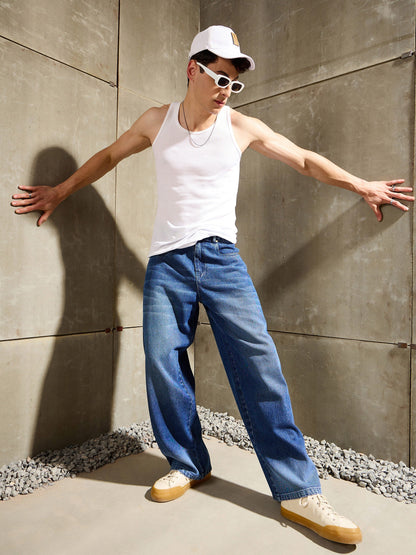 Men Navy Blue Whisker Wash Wide Leg Jeans