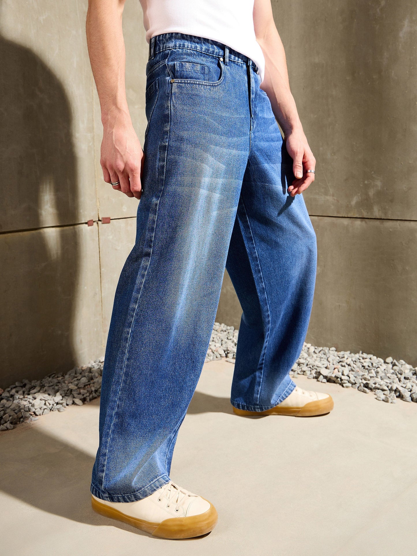 Men Navy Blue Whisker Wash Wide Leg Jeans