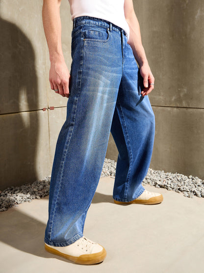Men Navy Blue Whisker Wash Wide Leg Jeans