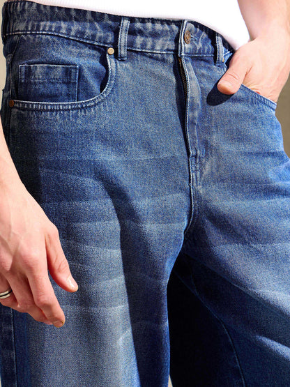 Men Navy Blue Whisker Wash Wide Leg Jeans