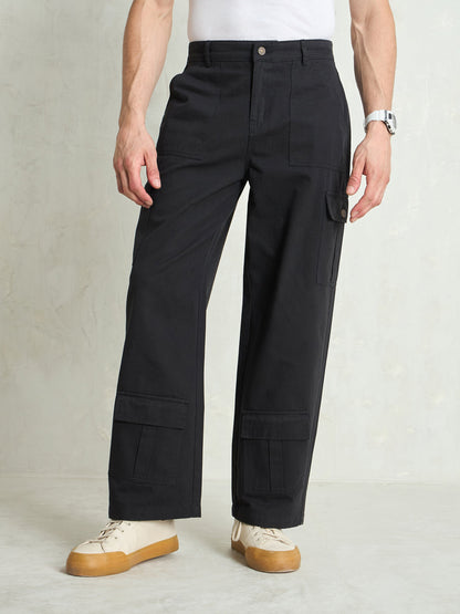 Men Black Twill Utility Cargo Pockets Wide Leg Pants