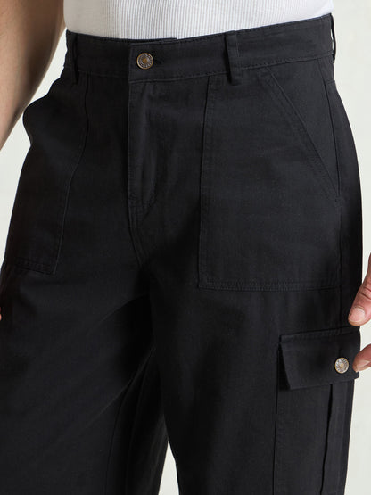 Men Black Twill Utility Cargo Pockets Wide Leg Pants