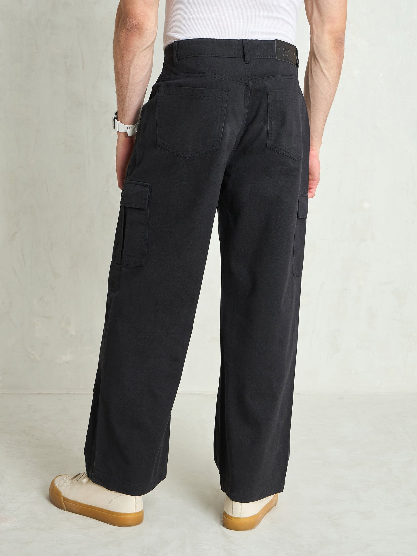 Men Black Twill Utility Cargo Pockets Wide Leg Pants