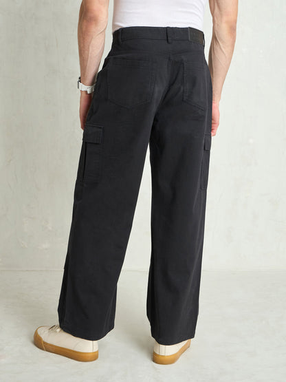 Men Black Twill Utility Cargo Pockets Wide Leg Pants