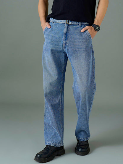 Men Light Blue Wash Front Belted Relax Fit Jeans