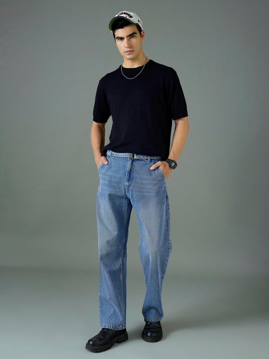 Men Light Blue Wash Front Belted Relax Fit Jeans