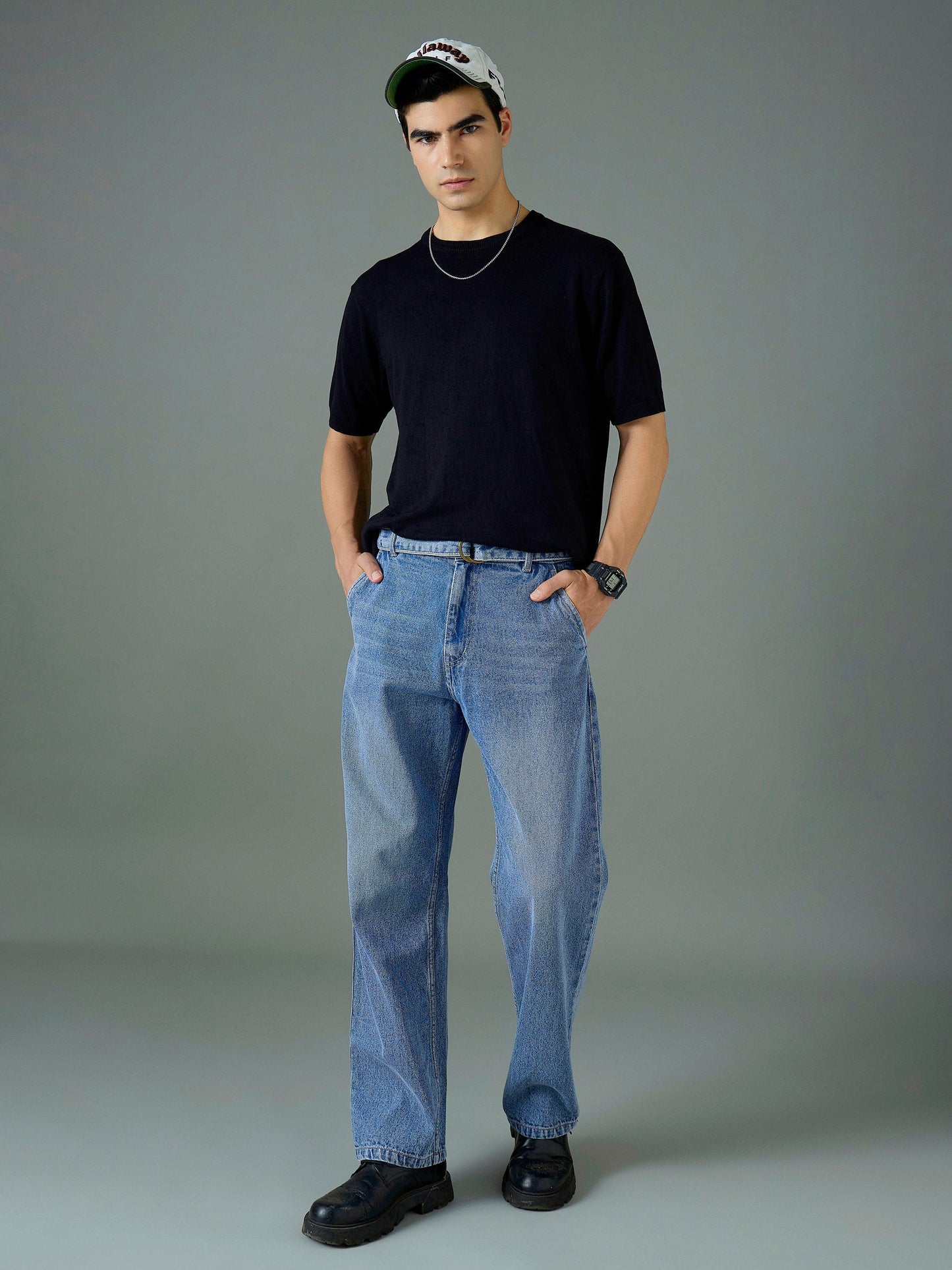 Men Light Blue Wash Front Belted Relax Fit Jeans