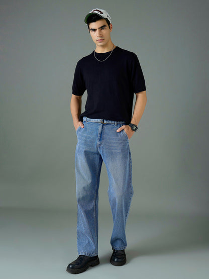 Men Light Blue Wash Front Belted Relax Fit Jeans