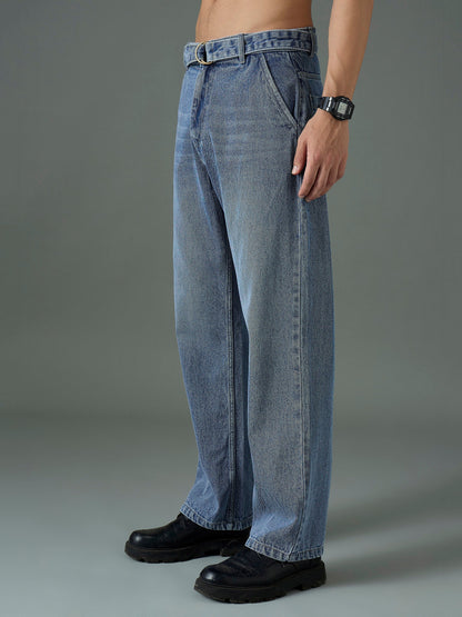 Men Light Blue Wash Front Belted Relax Fit Jeans