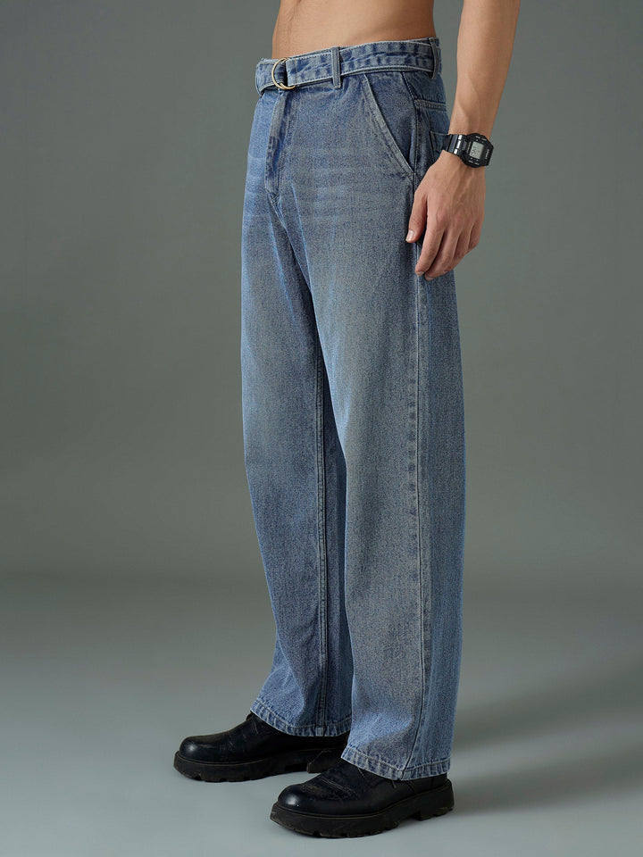 Men Light Blue Wash Front Belted Relax Fit Jeans