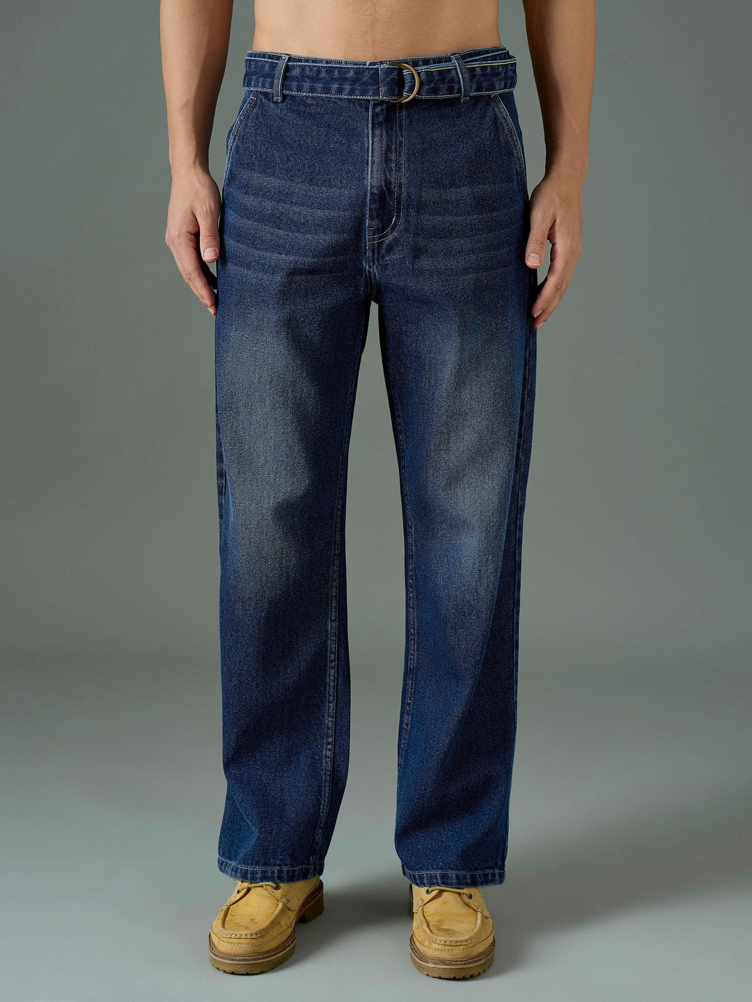 Men Navy Blue Wash Front Belted Relax Fit Jeans