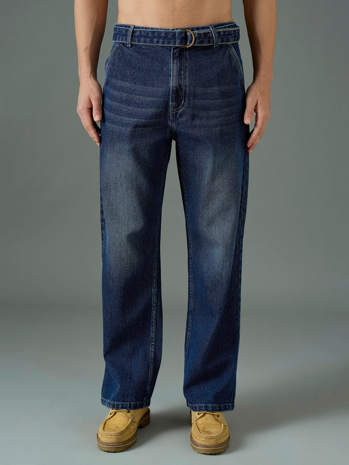 Men Navy Blue Wash Front Belted Relax Fit Jeans