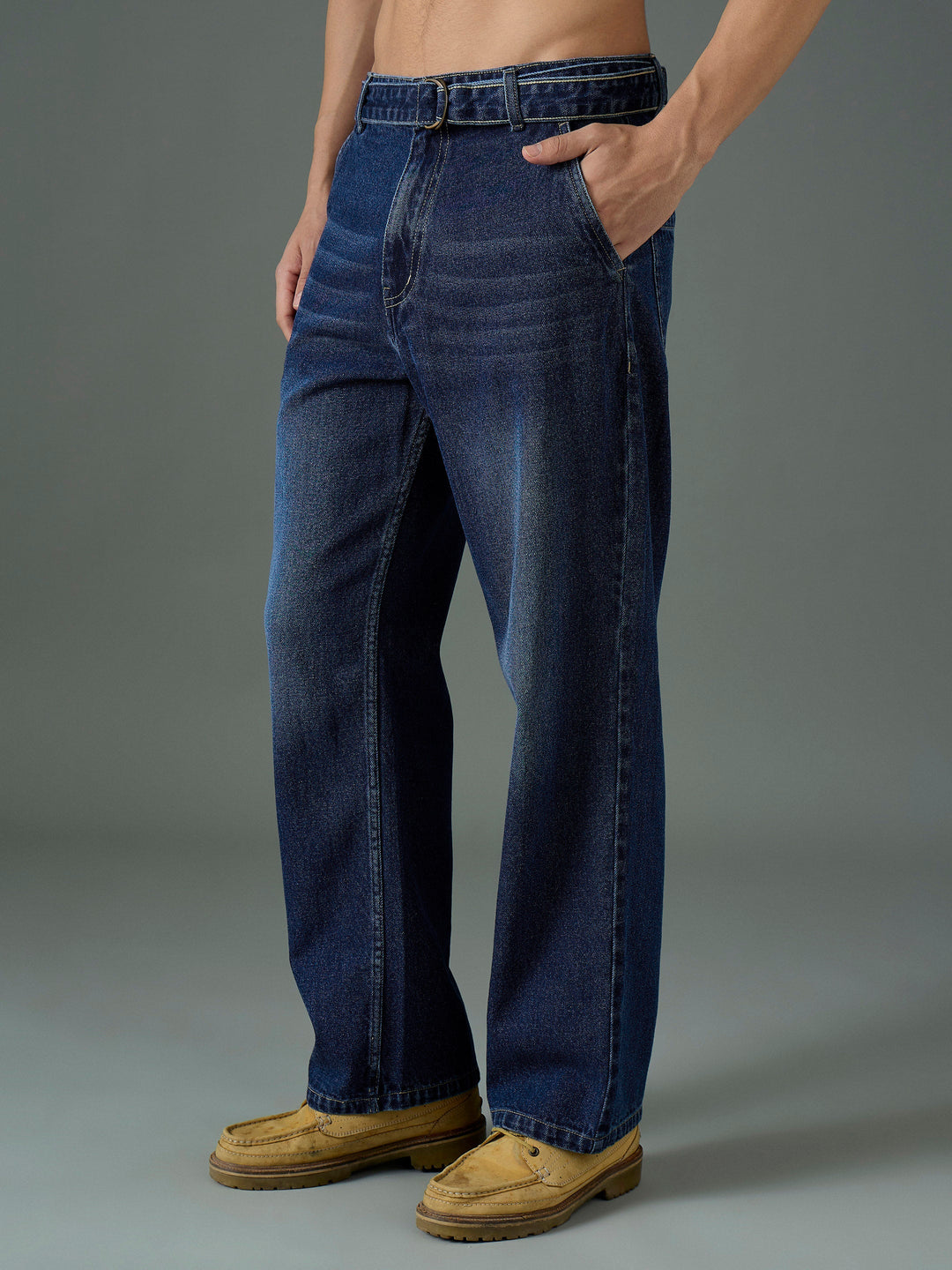Men Navy Blue Wash Front Belted Relax Fit Jeans