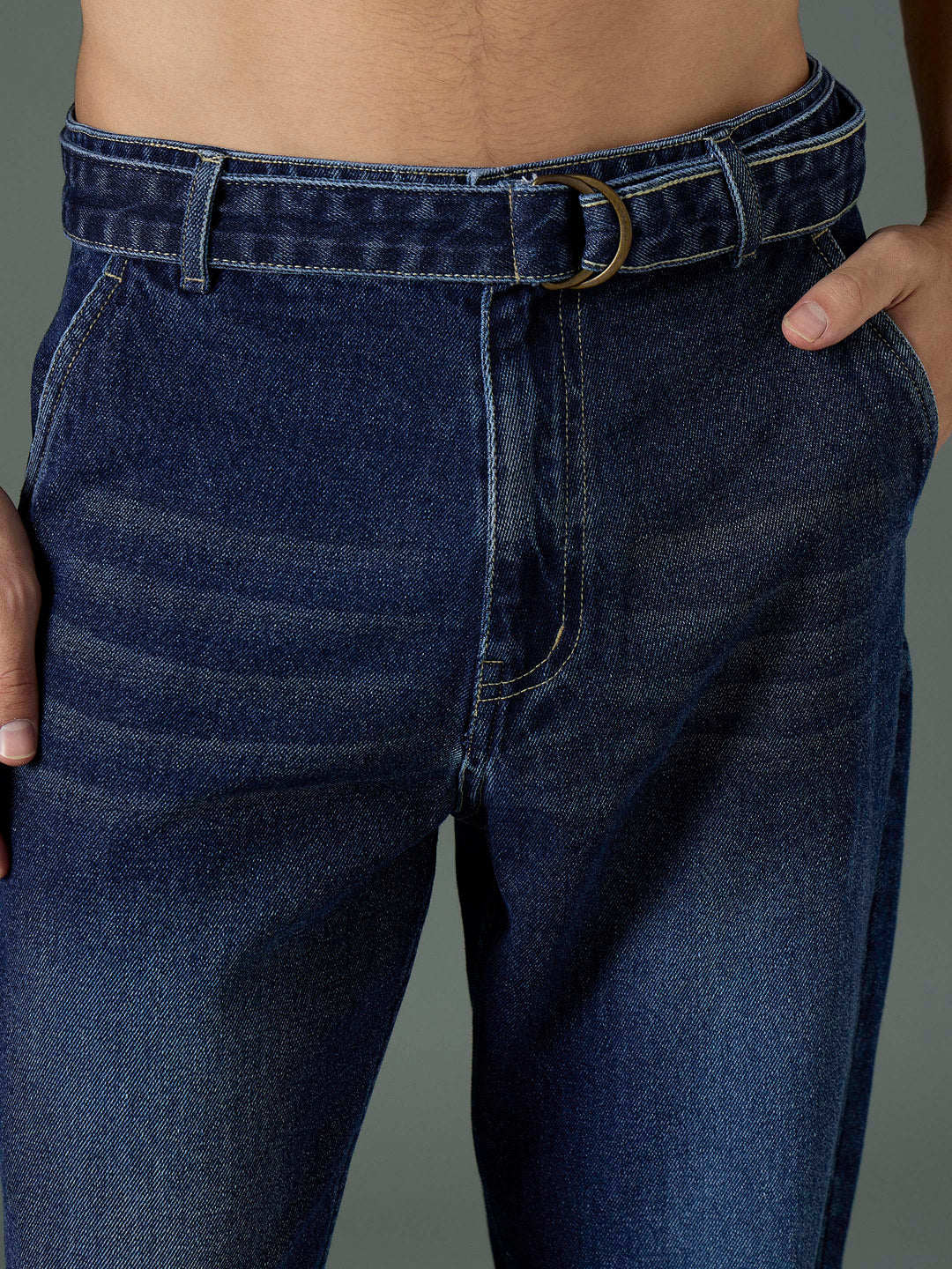 Men Navy Blue Wash Front Belted Relax Fit Jeans