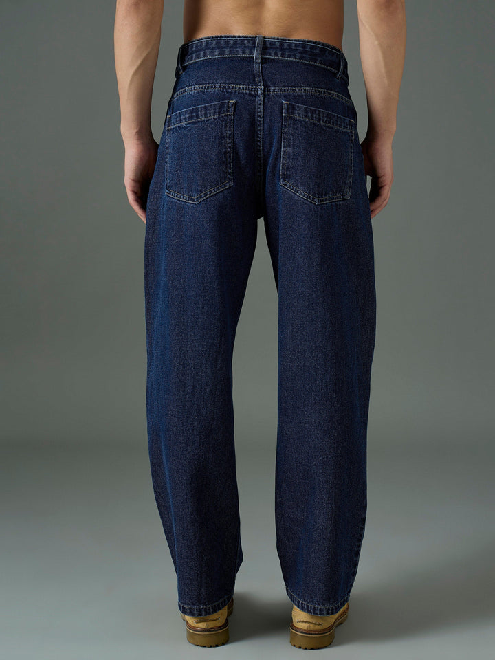Men Navy Blue Wash Front Belted Relax Fit Jeans