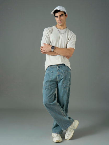 Men Light Blue Wash Front Pocket Relax Fit Jeans