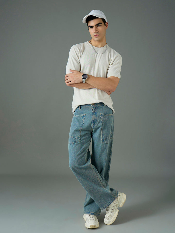 Men Light Blue Wash Front Pocket Relax Fit Jeans