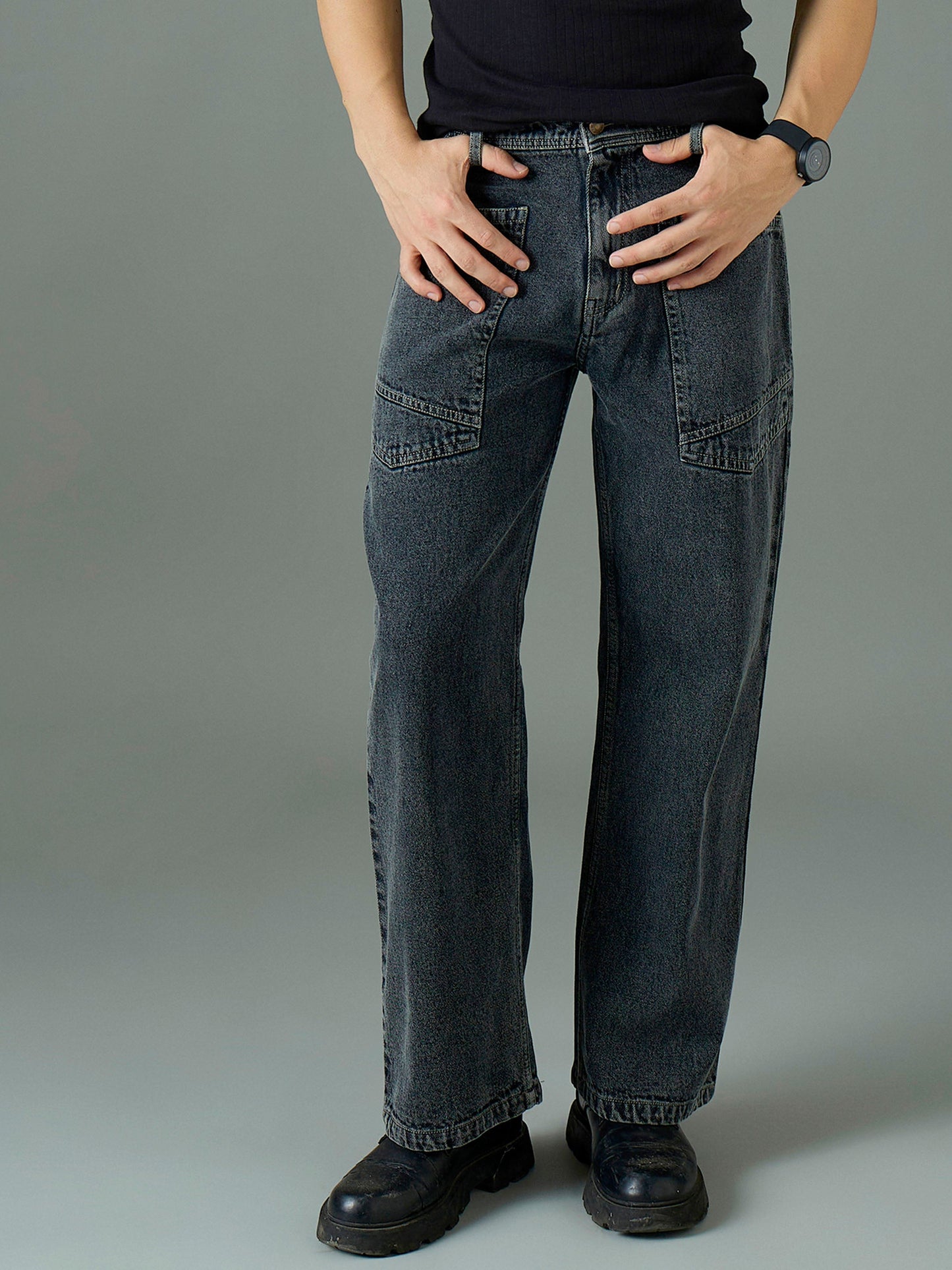 Men Grey Wash Front pocket Relax Fit Jeans