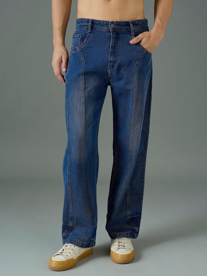Men Navy Blue Front Detail Wide Leg Jeans