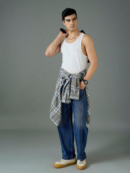 Men Navy Blue Front Detail Wide Leg Jeans