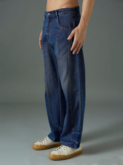 Men Navy Blue Front Detail Wide Leg Jeans