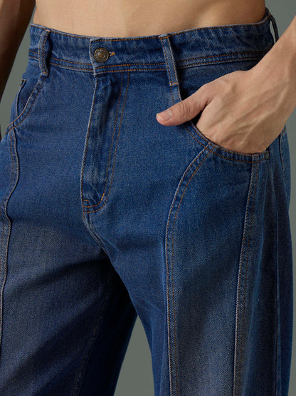 Men Navy Blue Front Detail Wide Leg Jeans