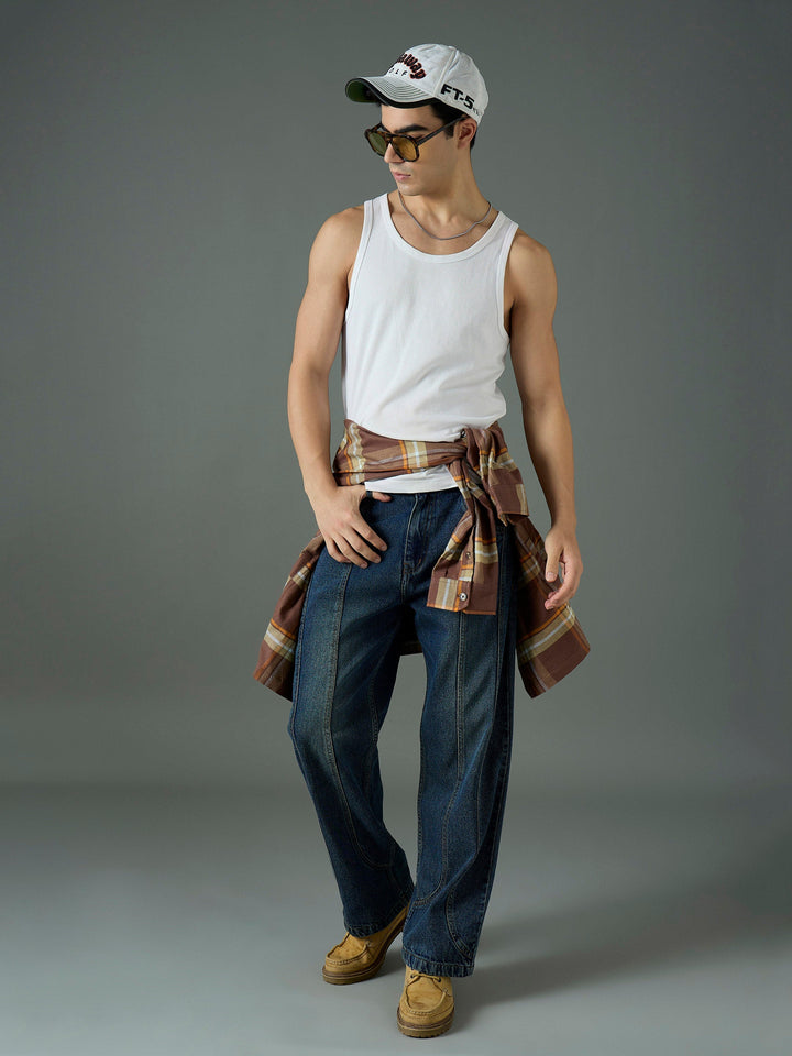 Men Blue Front Detail Wide Leg Jeans