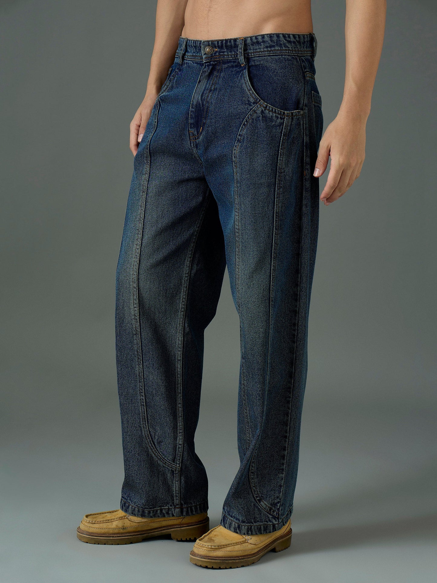 Men Blue Front Detail Wide Leg Jeans